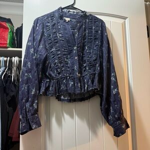 anthropology pilcro Floral Navy Blouse with Ruffle Details